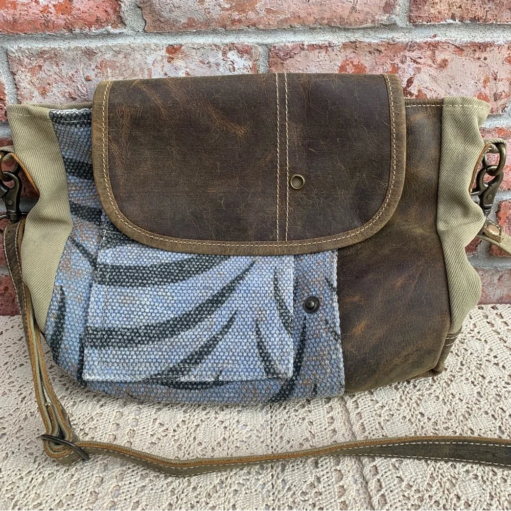 Myra Bag Distressed Leather & Canvas Crossbody Handbag Shoulder Purse - Picture 2 of 16